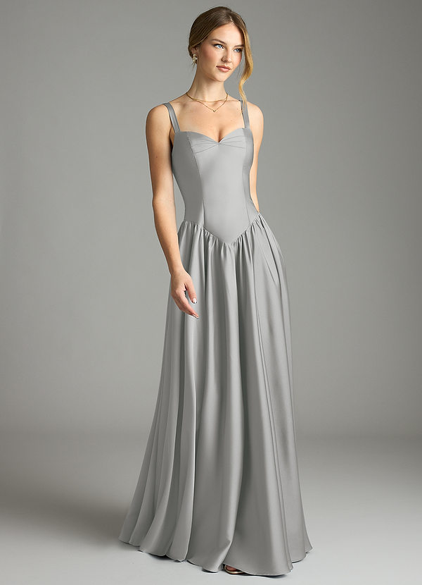 Azazie Evadina Vestidos Dama de Honor Vestido de Plata de Satén Elástico de Corte en A con Corsé image1