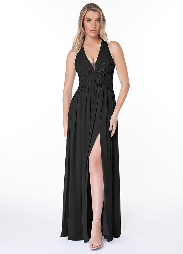 Azazie Jaclyn Bridesmaid Dresses Black A-Line Pleated Chiffon Dress image1