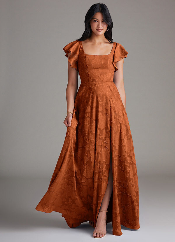 Azazie Bondi Bridesmaid Dresses Burnt Orange A-Line Side Slit Floral Burnout Dress image1