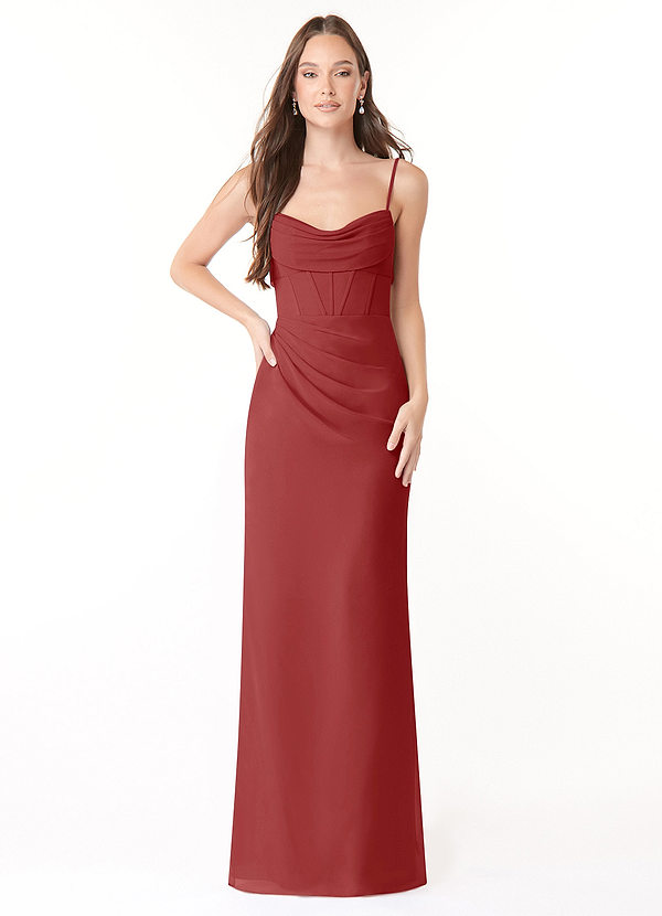 Azazie Mai Bridesmaid Dresses Rust Sheath Pleated Chiffon Dress image1