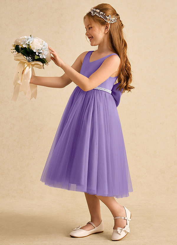 Azazie Firefly Vestidos de Niña de Flores Vestido de Tahití de Satin Mate de Corte En A con Lazo image1