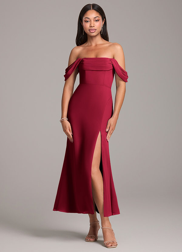 Azazie Saige Bridesmaid Dresses Burgundy Sheath Off the Shoulder Chiffon Convertible Dress image1
