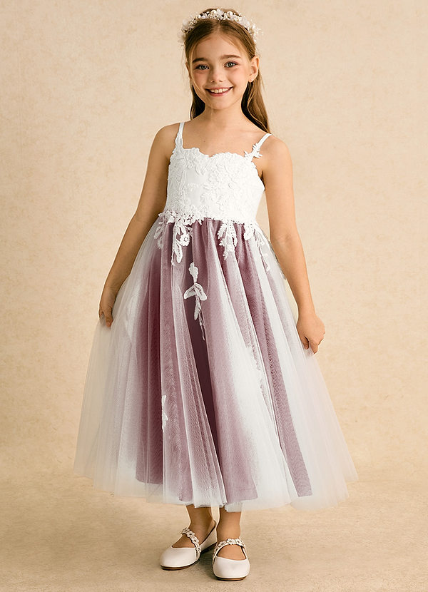 Azazie Coraline Flower Girl Dresses Ivory Burgundy A-Line Lace Dress image1