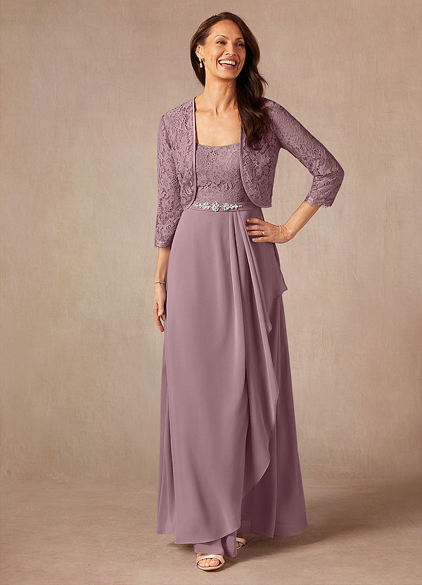 A-Line Lace Applique Chiffon Tea-Length Dress Dusty Rose main image 1