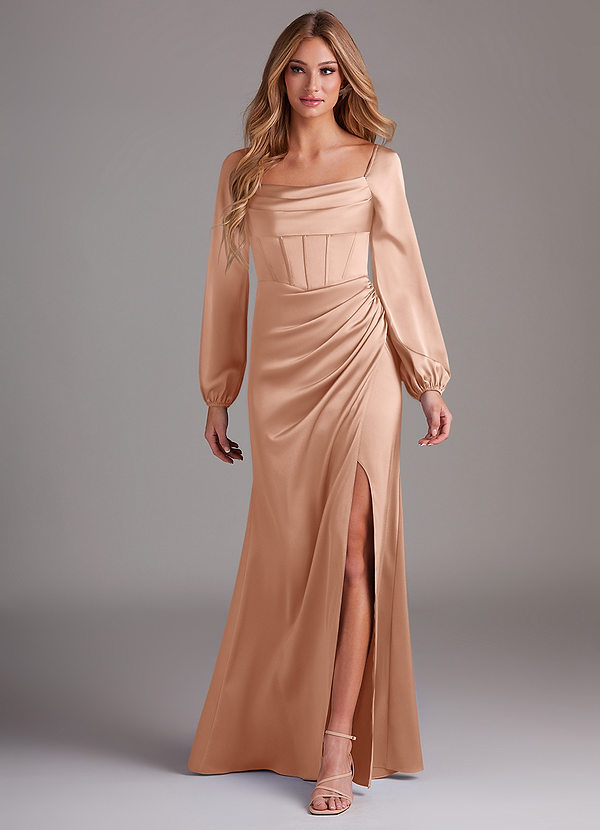 Azazie Charissa Bridesmaid Dresses Rose Gold Sheath Long Sleeve Stretch Satin Dress image1