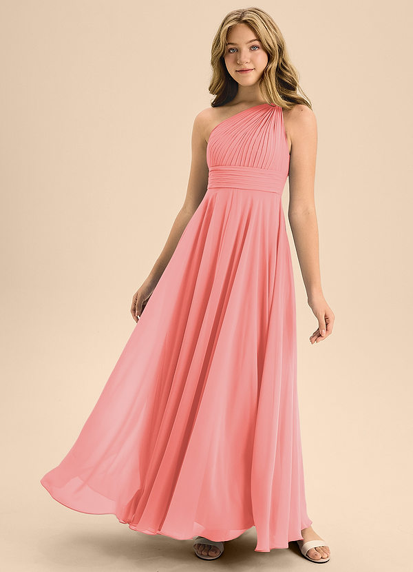 Azazie Charlize Junior Coral A-Line Pleated Chiffon Dress image1