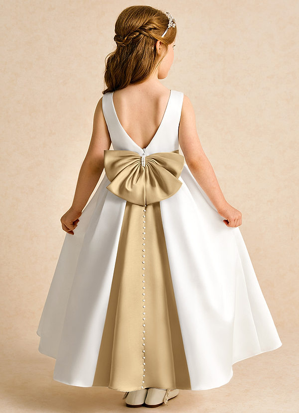 Azazie Cherry Flower Girl Dresses Ivory Gold Ball-Gown Pleated Matte Satin Dress image1