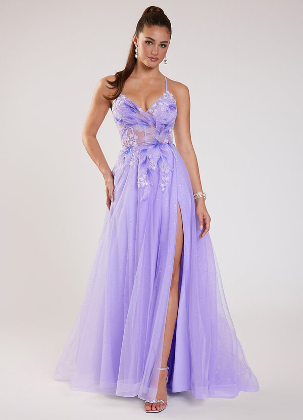 Annalisa Fioletowy Suknia balowa z gorsetem i sznurowanymi plecami w kwiaty 3D image1