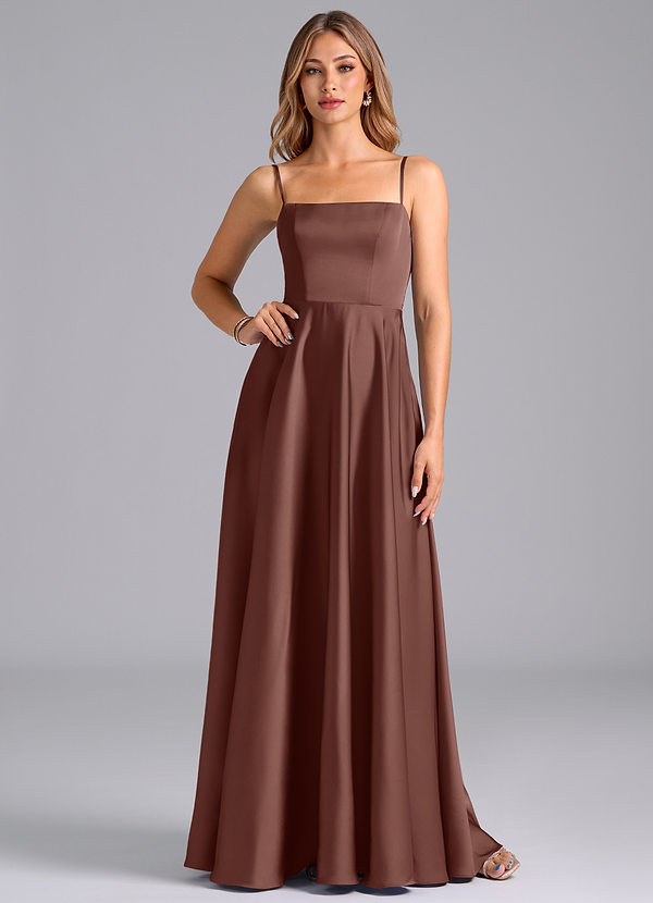 Azazie Elita Bridesmaid Dresses Espresso A-Line Pleated Stretch Satin Dress image1