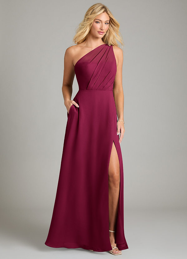 Azazie Phaedra Bridesmaid Dresses Burgundy A-Line One Shoulder Chiffon Dress image1