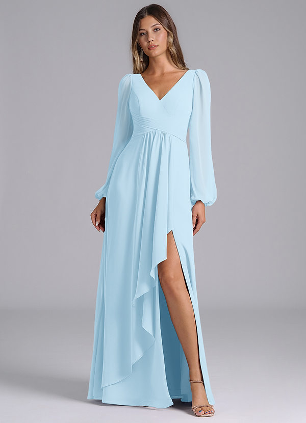 Azazie Omari Bridesmaid Dresses Sky Blue A-Line Long Sleeve Chiffon Dress image1