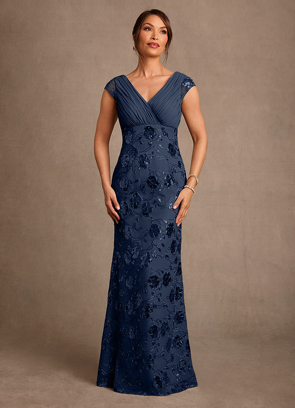 Azazie Tabby Vestidos de Madre de la Novia Vestido de Lentejuelas Azul Marino de Lentejuelas de Corte Recto con Plisado image1