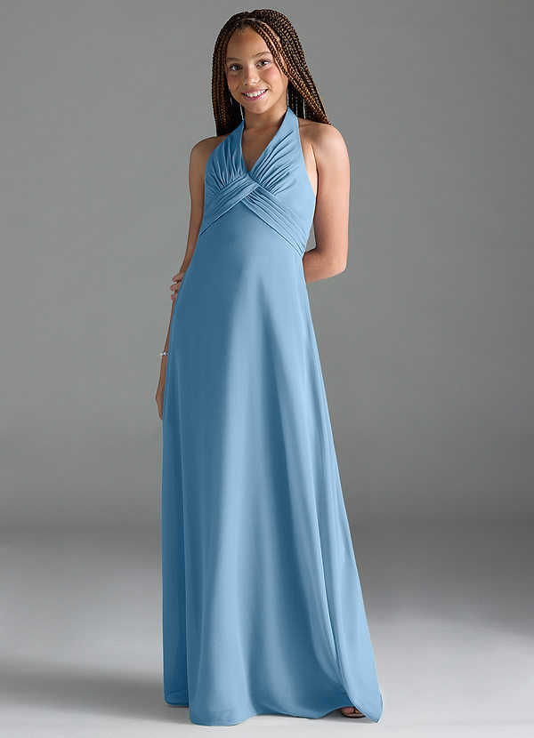 Azazie Tessie Junior Steel Blue A-Line Pleated Chiffon Dress image1