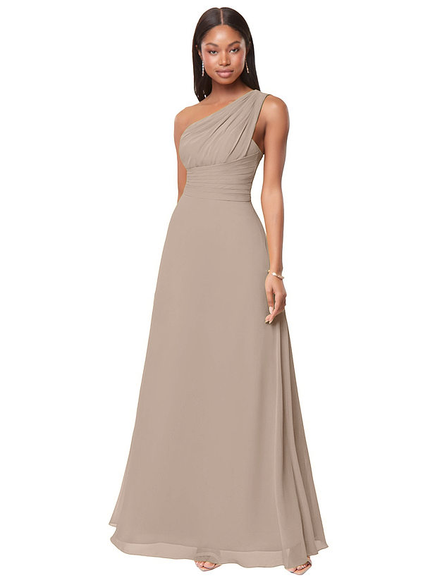 Azazie Ashley Bridesmaid Dresses Taupe A-Line Ruched Chiffon Dress image1