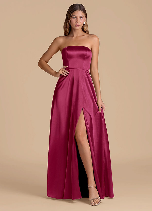 Azazie Wren 신부 들러리 드레스 A라인 스트랩리스 메탈릭 새틴 바닥 길이 드레스 image1