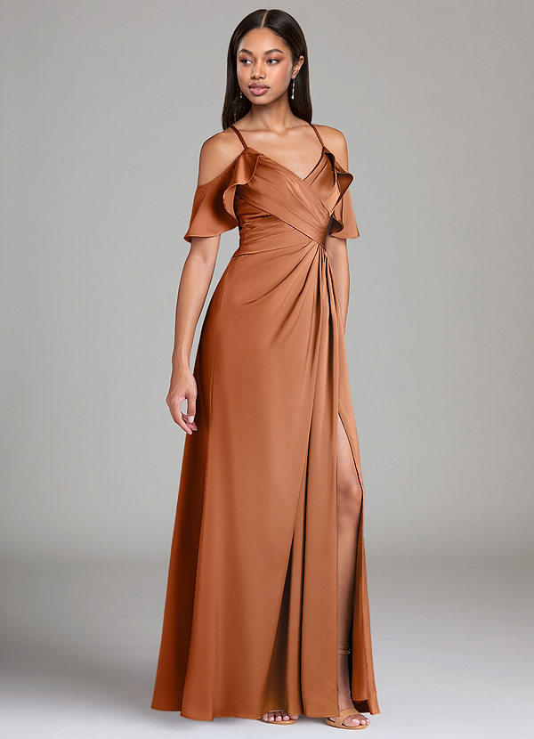Azazie Dakota Robes Demoiselle d'honneur Robe Trapèze en Satin extensible Épaule décolletée Cuivre image1