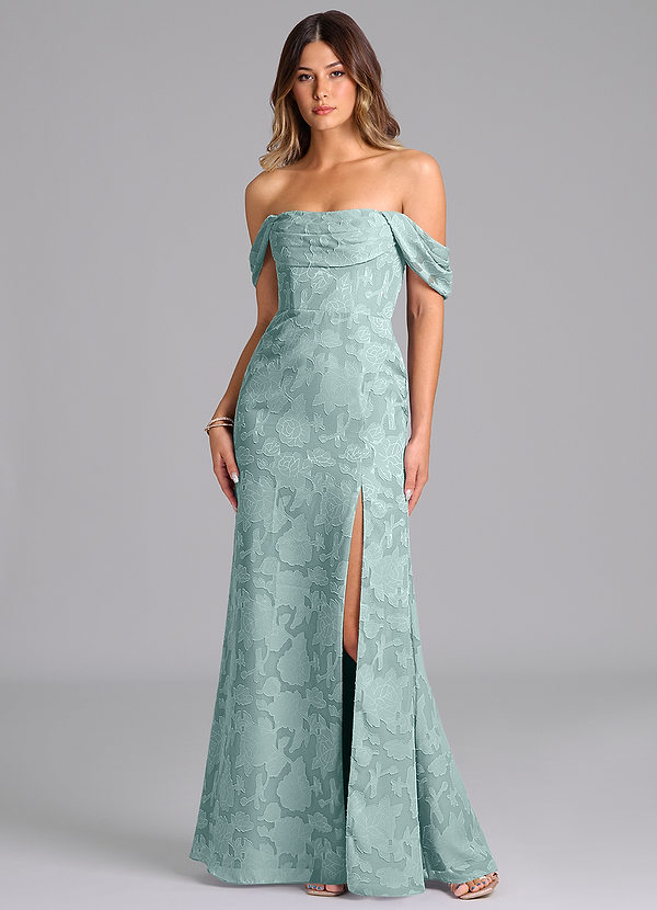 Azazie Saige Bridesmaid Dresses Mist A-Line Off the Shoulder Floral Burnout Convertible Dress image1