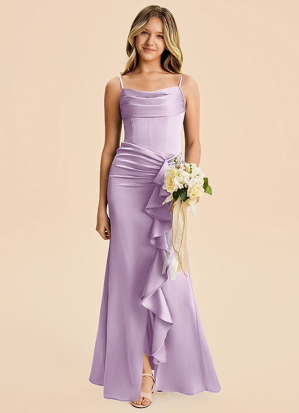 Azazie Rosalia Junior Frosted Lilac Sheath Pleated Stretch Satin Dress image1