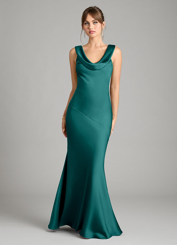 Azazie Rylina Bridesmaid Dresses Peacock Mermaid Stretch Satin Dress image1