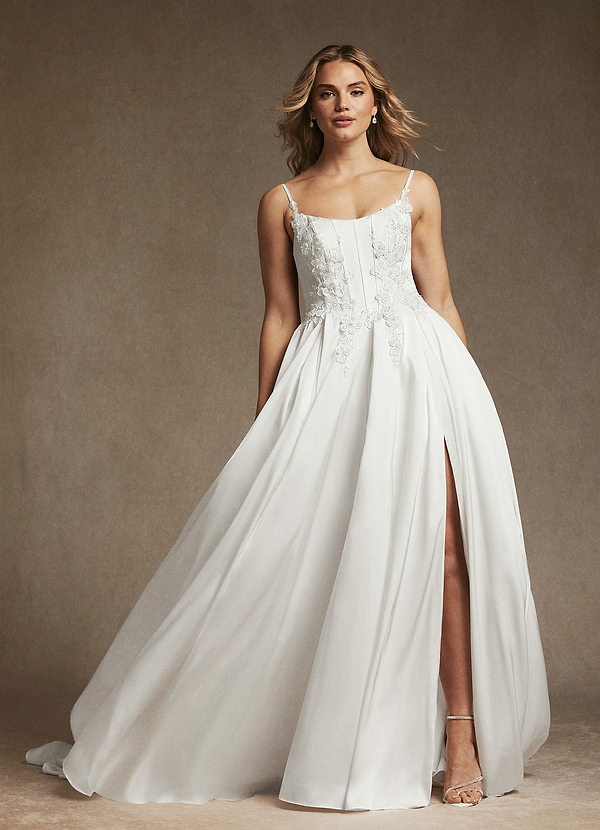 Azazie Sariah Wedding Dresses Diamond White A-Line Lace Stretch Satin Dress image1