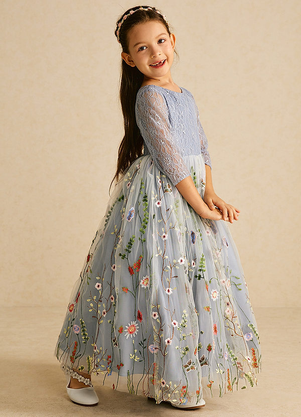 Azazie Sunshine Flower Girl Dresses Dusty Blue A-Line Lace Tulle Dress image1