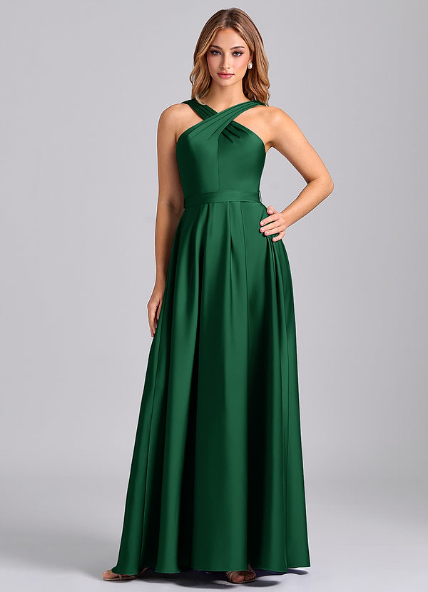 Azazie Dixie Bridesmaid Dresses Dark Green A-Line Pleated Stretch Satin Dress image1