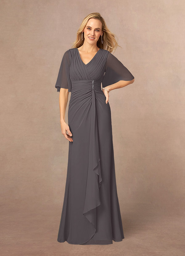 Azazie Carson Mother of the Brides Dresses Steel Grey A-Line V-Neck Lace Chiffon Dress image1