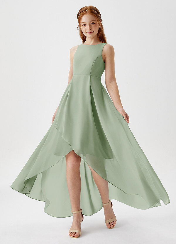 Azazie Lizette Junior Abito A-Line in Chiffon Plissettato Verde Salvia image1
