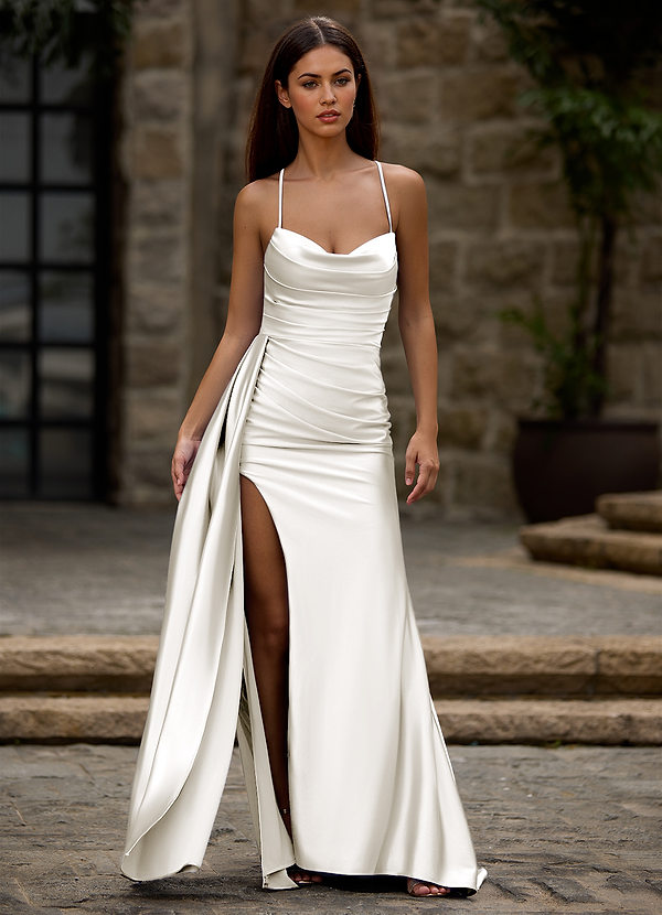 Drape White Satin Prom Dress image1