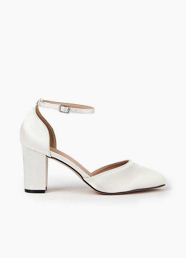 front Satin Ankle Strap Pointed Toe Block Heels