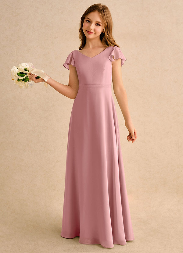Azazie Nari Girls Formal Vestidos de arras Vestido Rosa Polvorienta de Gasa de Corte en A con con mangas image1