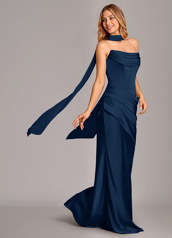 Azazie Pelagia Brudtärneklänningar Klä av Sjöjungfru i Stretch Satin Korsett Mörk Marinblå Konvertibel image1