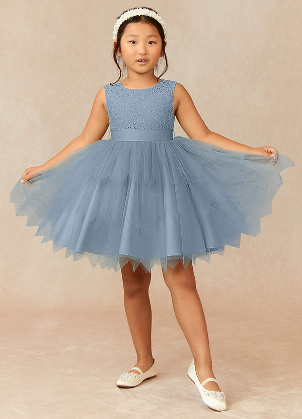 Azazie Chica Flower Girl Dresses Dusty Blue A-Line Lace Tulle Dress image1