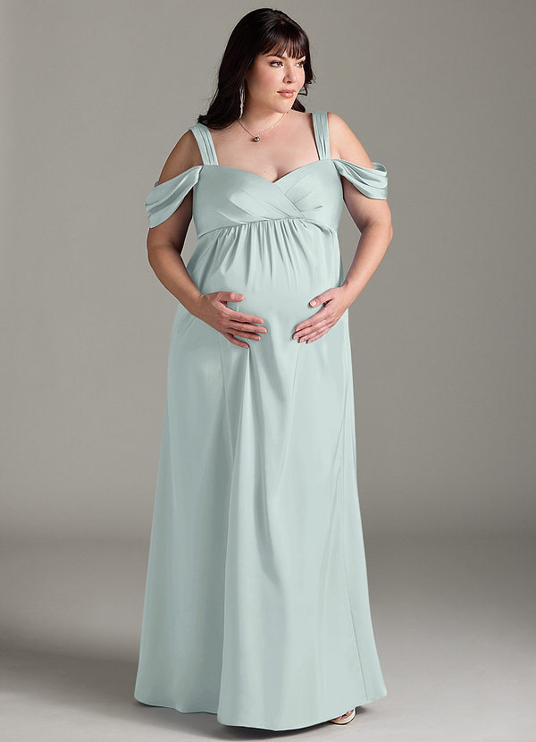 Azazie Rhea Robe demoiselle d'honneur enceinte Robe Trapèze Épaule nue plissée Longueur ras du sol Satin extensible image1