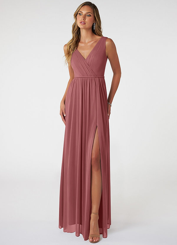 Azazie Tanicia Brautjungfernkleider A-Linie V-Hals Gefaltet Gittergewebe Kleid Amethyst image1