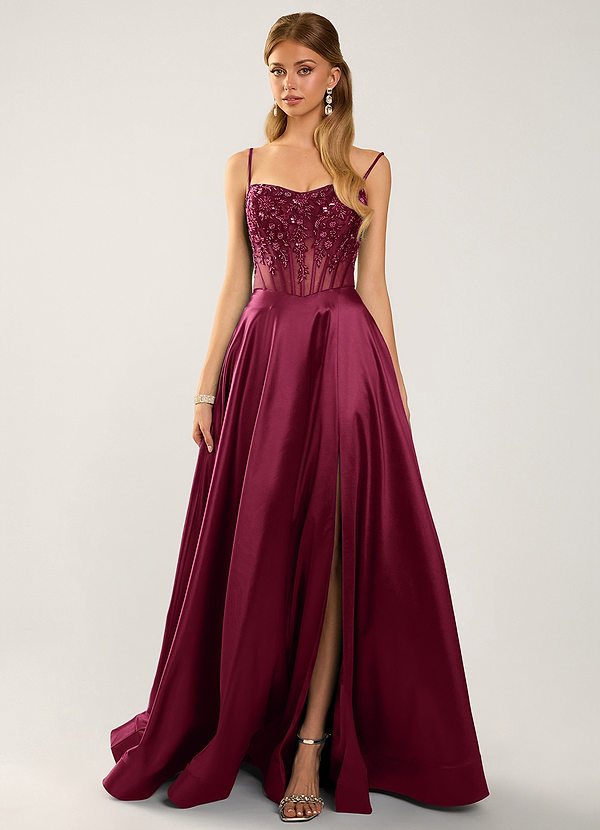 Saogrien Borgoña Vestido de fiesta de satén con bordado de encaje y lentejuelas image1