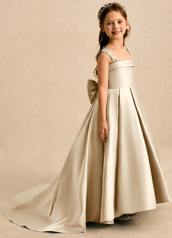 Azazie Genie Flower Girl Dresses Champagne Ball-Gown Off the Shoulder Matte Satin Dress image1