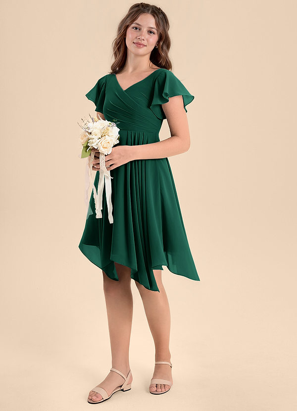 Azazie Janeaurelia Junior Emerald A-Line Pleated Chiffon Dress image1