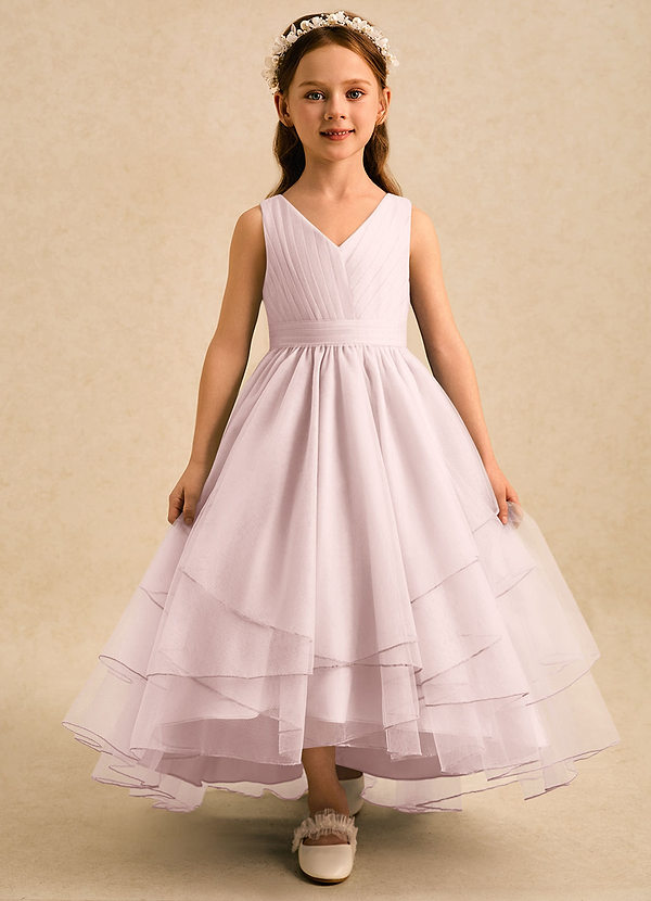 Azazie Seraphina Blumenkinder Kleider A-Linie Plissee Tüll Kleid Zartrosa image1