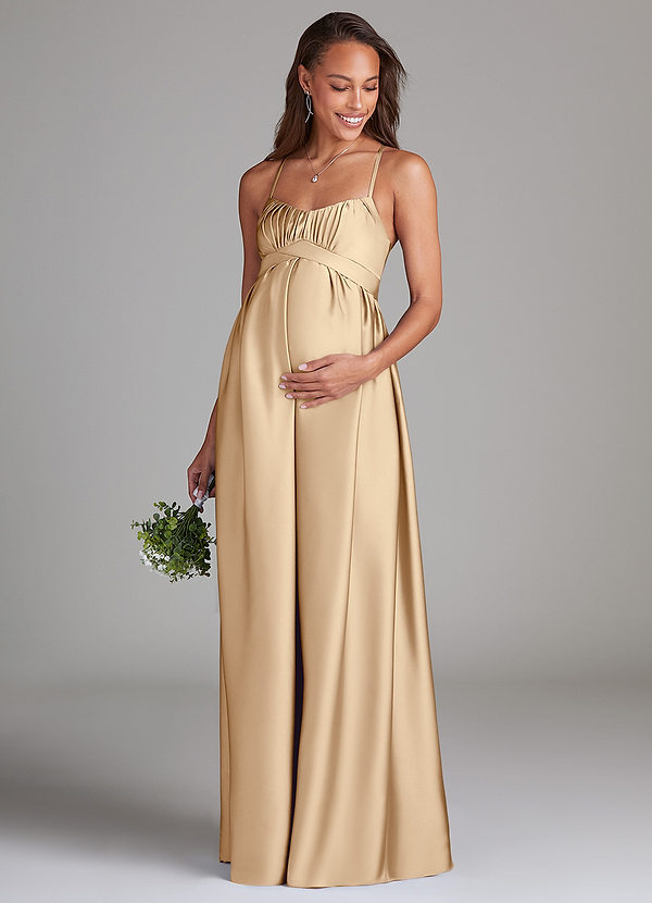 Azazie Llana Maternity Bridesmaid Dresses A-Line Stretch Satin Floor-Length Dress with Pockets image1