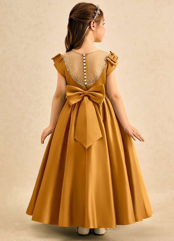 Azazie Toffee Abiti da Damigella Bambina Abito Stile Principessa in Raso Opaco Fiocco Caramello image1