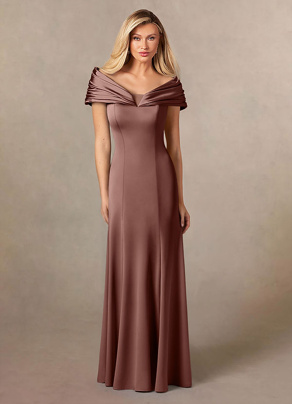 Azazie Auberdeen Mother of the Brides Dresses Espresso Mermaid Pleated Stretch Satin Dress image1