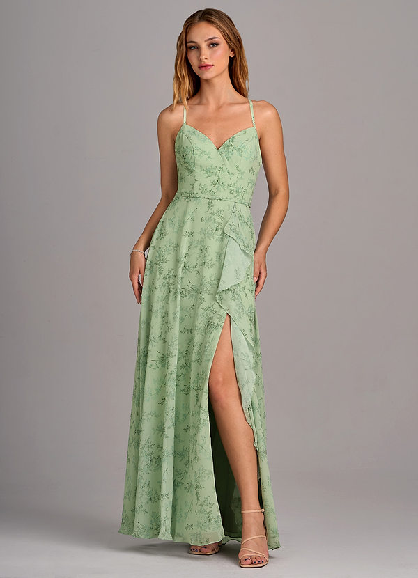 Azazie Naeem Robes Demoiselle d'honneur Robe Trapèze en Mousseline de soie Col V à volants Fougère Verte Florale image1