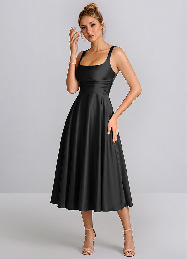 Ines Negro Vestido midi de satén con escote cuadrado y cordones, corte en A image1