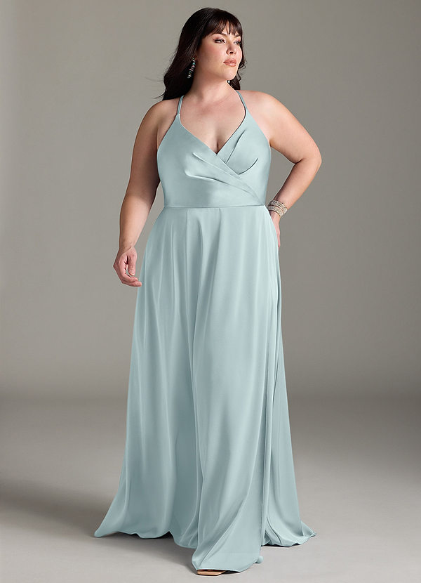 Azazie Davis Robes Demoiselle d'honneur Robe Trapèze en Satin extensible Plissée Brume image1