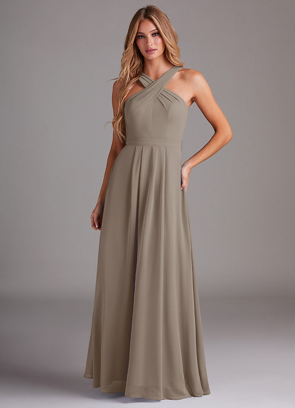 Azazie Dixie Bridesmaid Dresses Taupe A-Line Halter Pleated Chiffon Dress image1
