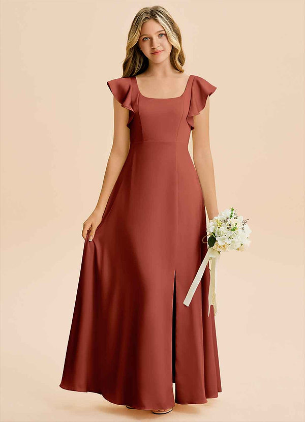 Azazie Bondi Junior Terracotta A-Line Side Slit Stretch Satin Dress image1