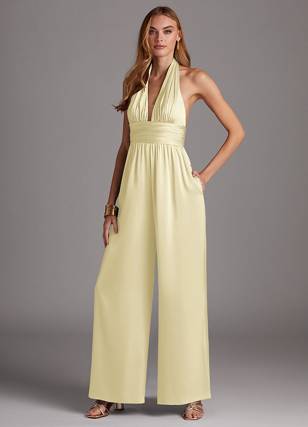 Azazie Oli Robes Demoiselle d'honneur Combinaison en Satin extensible Plissée Sorbet Citron image1