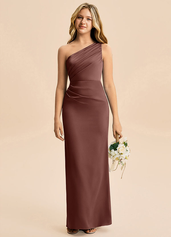 Azazie Akilah Junior Espresso Sheath Pleated Stretch Satin Dress image1