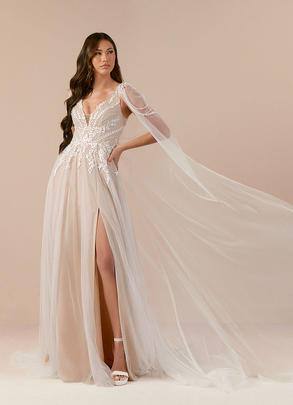 Azazie Goddess Wedding Dresses Diamond White Nude A-Line V-Neck Sequins Tulle Dress image1